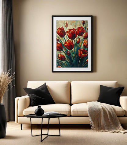Floral red Tulips wall art painting canvas prints, framed prints bedroom wall, living room, home decor