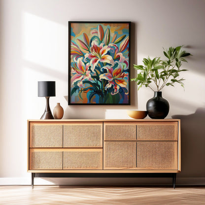 Colorful Floral, Botanical, Lilly flower wall art painting canvas print, framed print for bedroom, living room, home decor