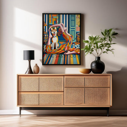 Modern colorful artwork of a woman doing yoga and a happy pet dog. Colorful wall art painting canvas & framed art print for bedroom wall, living room, modern Indian home decor. Ready-to-hang wall art decor. Buy wall art painting online India.