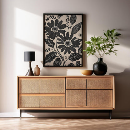 Minimalist Floral black daisy wall art painting canvas prints, framed prints bedroom, living room, home decor