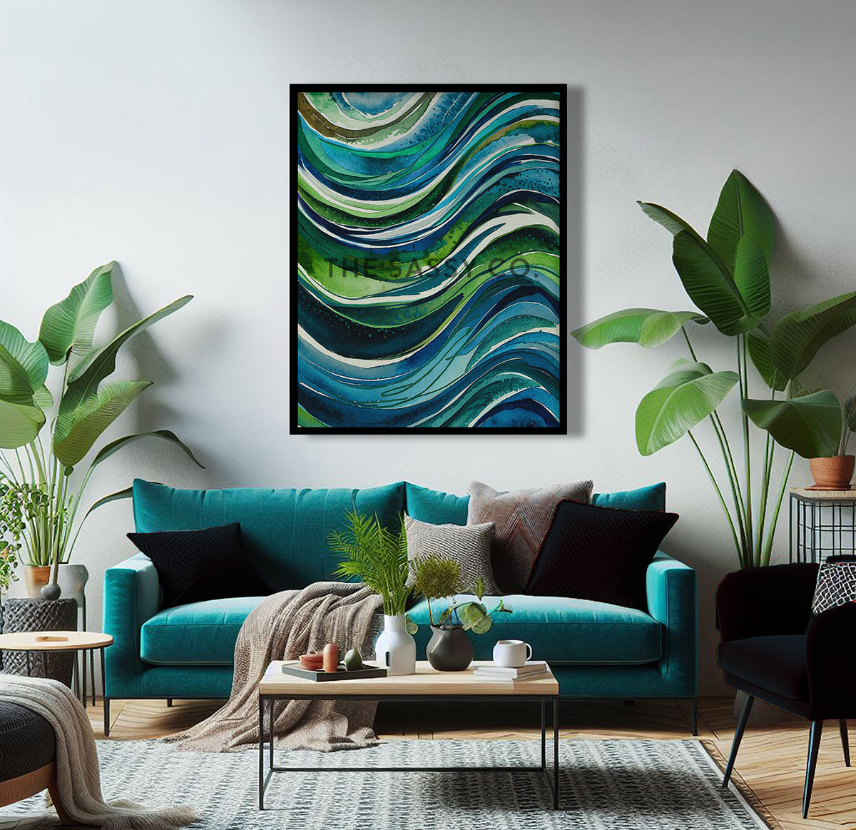 Watercolor style Abstract Nature Blue Green Sea Wall Art Painting Canvas Print, framed print for living room, office, home decor
