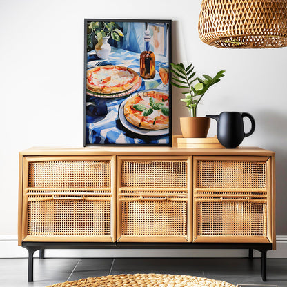 A blue, red watercolor wall art canvas painting print of Neapolitan pizzas on a table. Italy inspired wall art decor. Modern artistic wall painting for Kitchen, dining room wall decor. Italian style wall artwork.