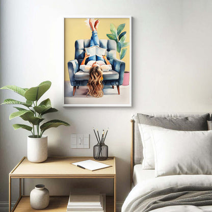 A yellow, blue boho style watercolor modern artwork of a woman reading book. Boho watercolor wall art painting canvas, framed art print for bedroom, living room, home wall decor. Boho wall decor ideas for modern Indian homes. Buy wall art painting online 