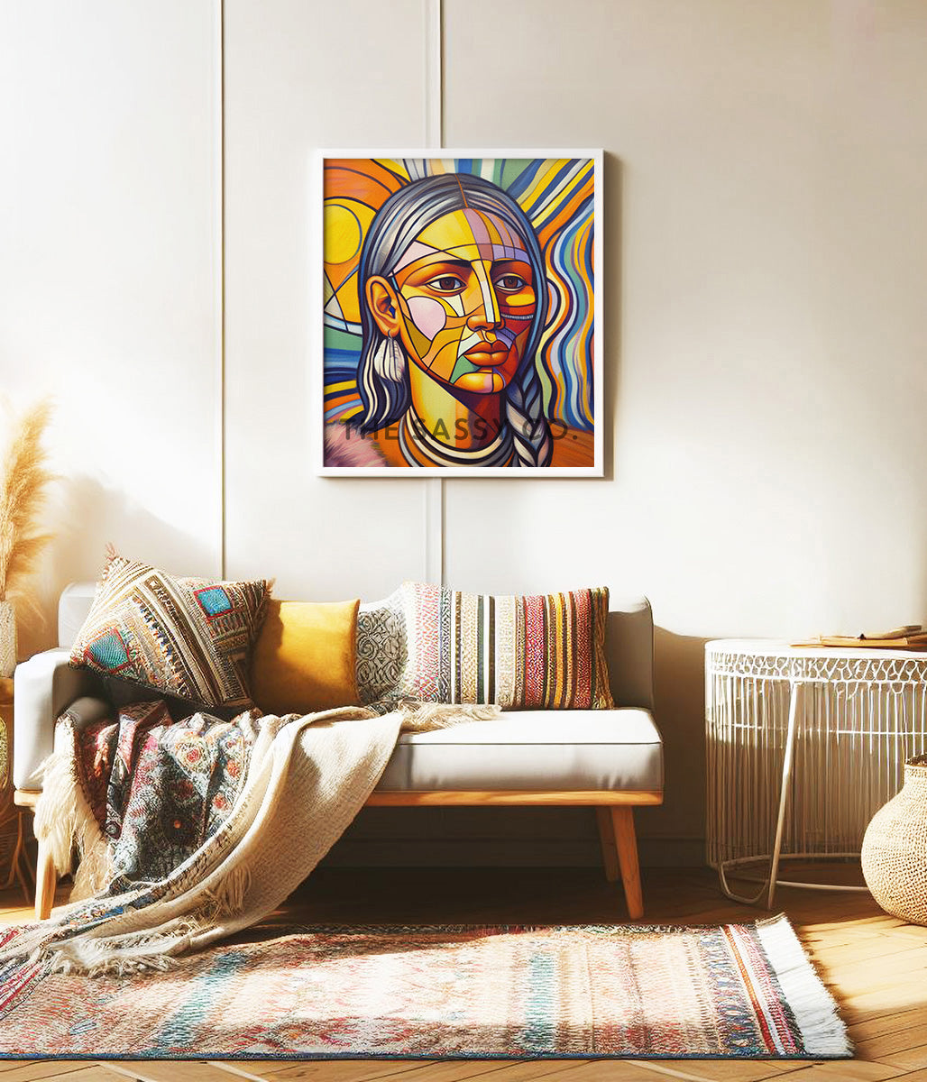 Boho style colorful Abstract woman wall art painting canvas, framed print for living room, home decor