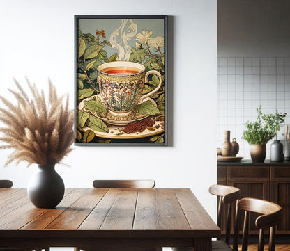 a pastel blue and green vintage style tea artwork. Tea leaves, cup wall art painting canvas, framed art print for dining room, home wall decor. Buy modern wall art paintings online India.