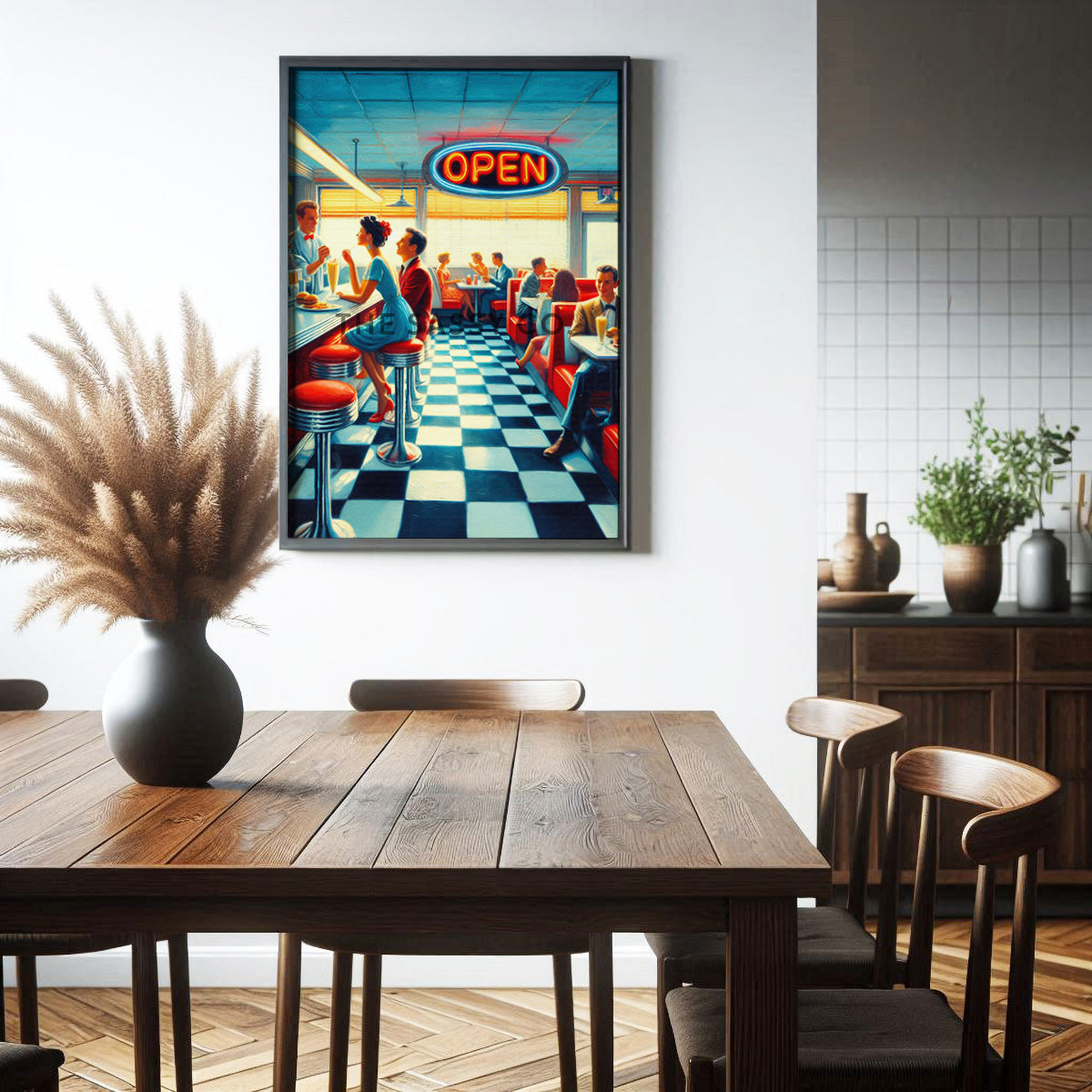 Retro dinner wall art painting as canvas print, framed prints for Kitchen, living room, home decor