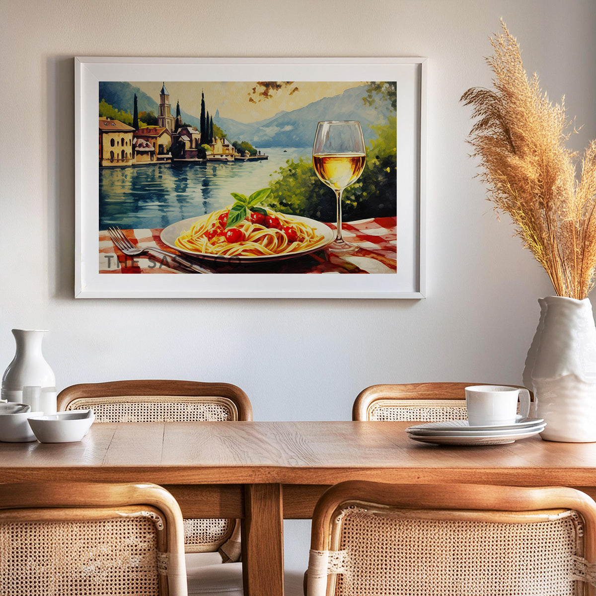 Italy style inspired, Lake Como, Spaghetti, Wine travel wall art painting canvas print, framed wall artwork print for Kitchen wall, Dining room and modern Indian home wall decor.
