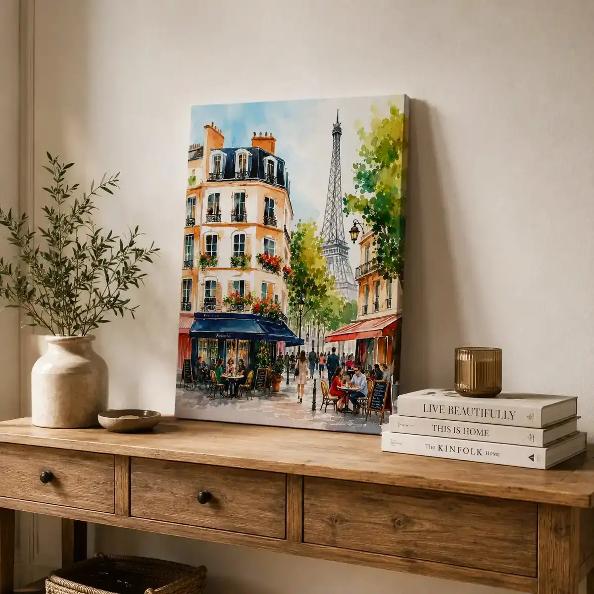 Paris France Eiffel Tower and Parisian sidewalk cafe street scene watercolor cityscape painting, styled on a console table - romantic French travel wall art, Europe cityscape canvas wall art, Paris poster artwork print for living room, bedroom and home office wall decor