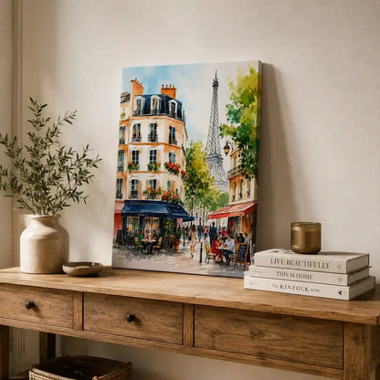 Paris France Eiffel Tower and Parisian sidewalk cafe street scene watercolor cityscape painting, styled on a console table - romantic French travel wall art, Europe cityscape canvas wall art, Paris poster artwork print for living room, bedroom and home office wall decor