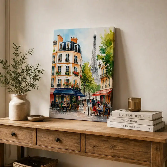 Paris France Eiffel Tower and Parisian sidewalk cafe street scene watercolor cityscape painting, styled on a console table - romantic French travel wall art, Europe cityscape canvas wall art, Paris poster artwork print for living room, bedroom and home office wall decor