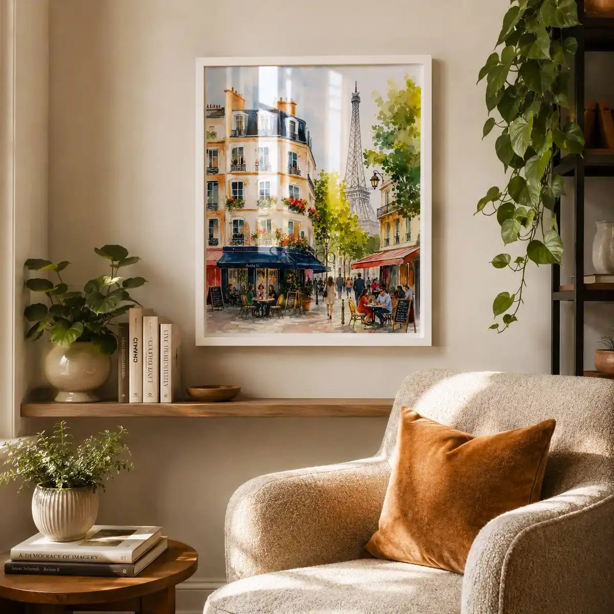Paris France Eiffel Tower and Parisian sidewalk cafe street scene watercolor cityscape painting, styled in a living room and on a shelf - romantic French travel wall art, Europe cityscape canvas wall art, Paris poster artwork print for living room, bedroom and home office wall decor