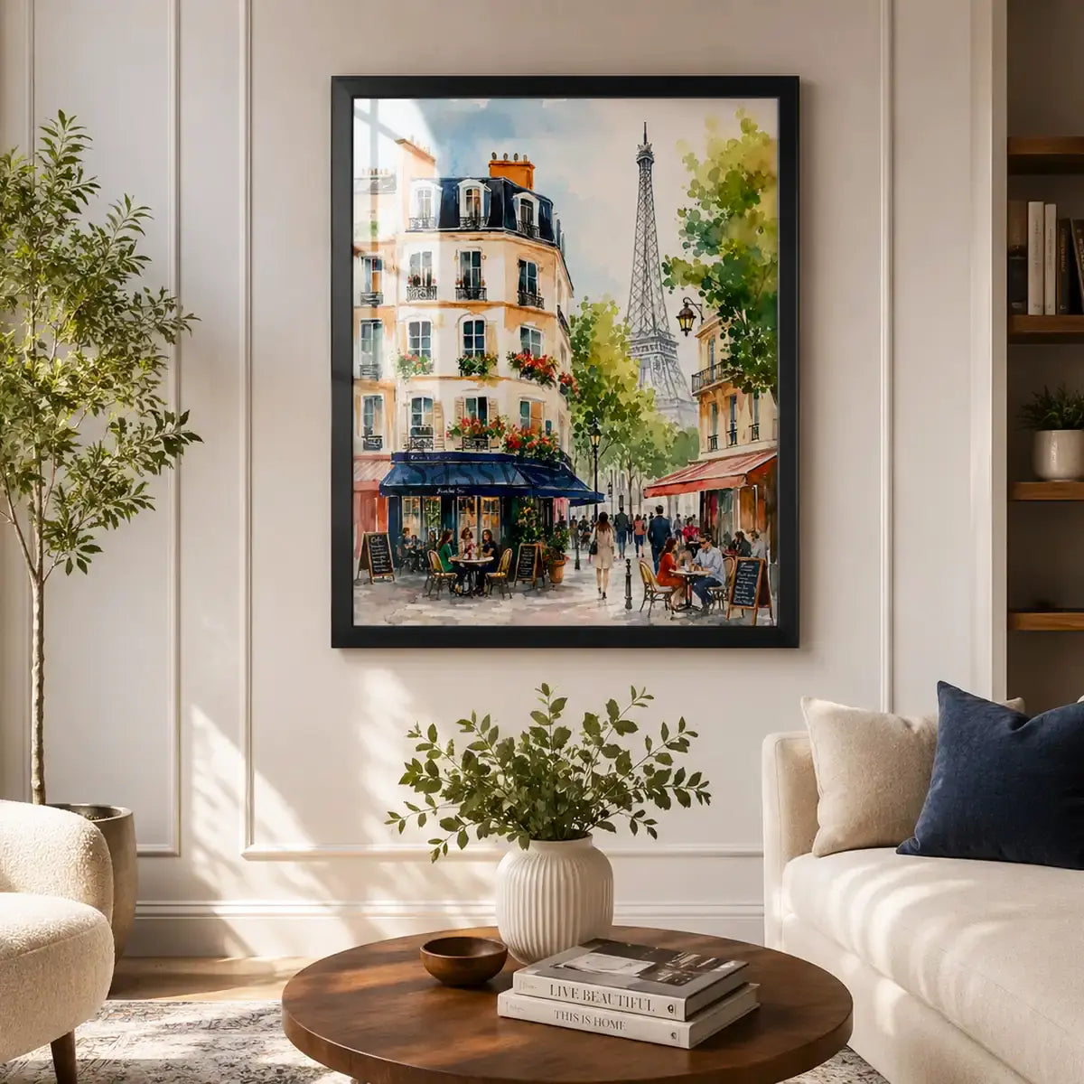 Paris France Eiffel Tower and Parisian sidewalk cafe street scene watercolor cityscape painting, styled in a living room - romantic French travel wall art, Europe cityscape framed canvas wall art, Paris poster artwork print for living room, bedroom and home office wall decor