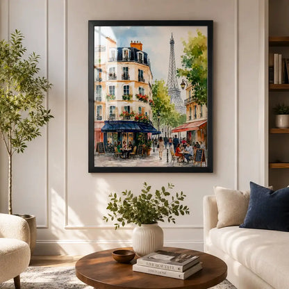 Paris France Eiffel Tower and Parisian sidewalk cafe street scene watercolor cityscape painting, styled in a living room - romantic French travel wall art, Europe cityscape framed canvas wall art, Paris poster artwork print for living room, bedroom and home office wall decor
