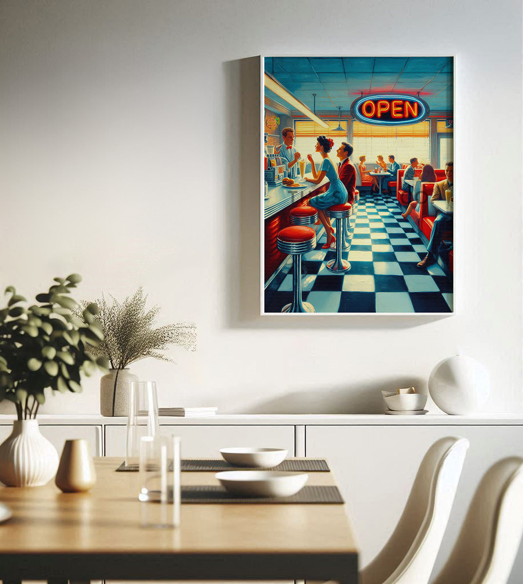 Retro dinner wall art painting as canvas print, framed prints for Kitchen, living room, home decor