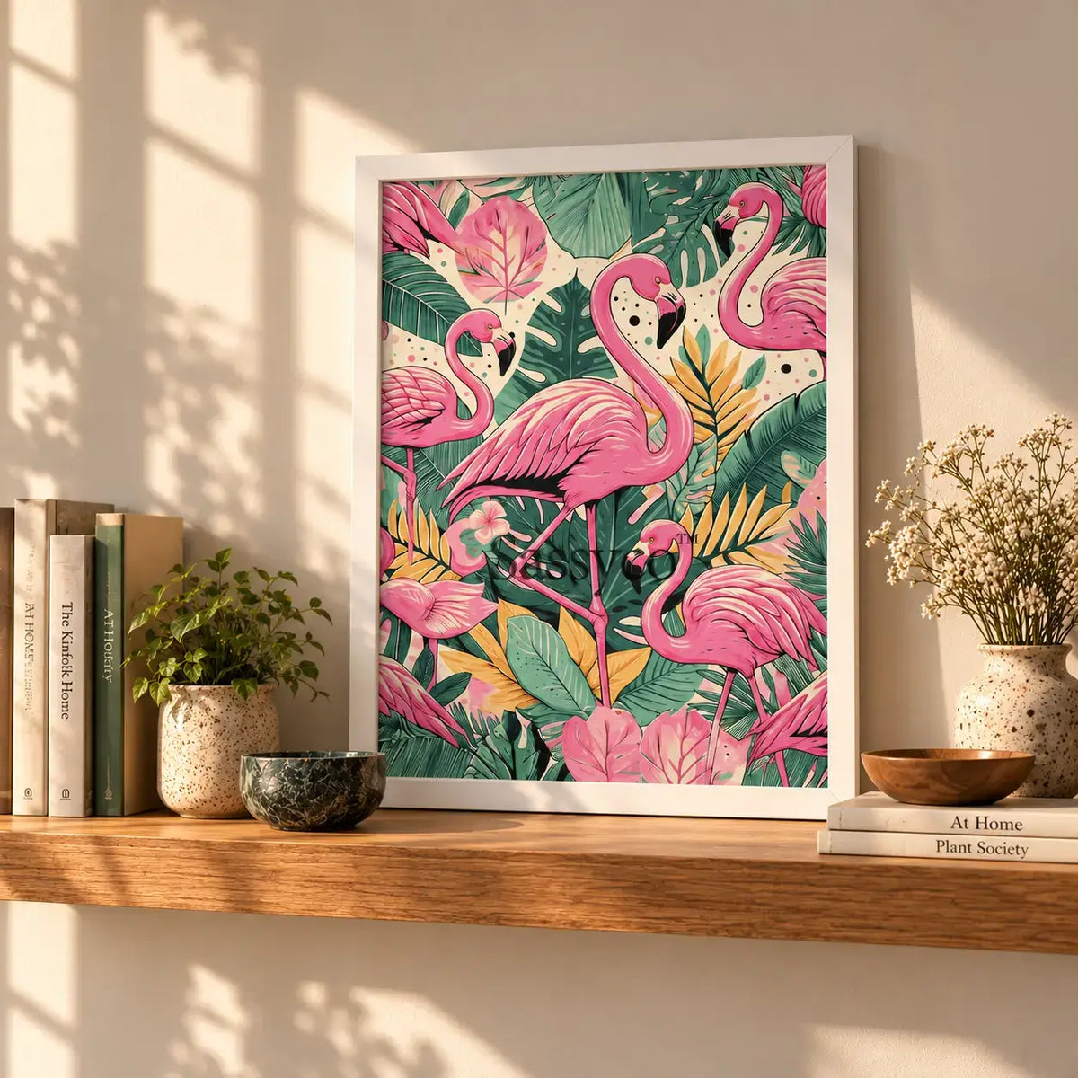 Modern pink flamingo, tropical animal wall art painting canvas print, framed print for kids bedroom, living room, home decor.