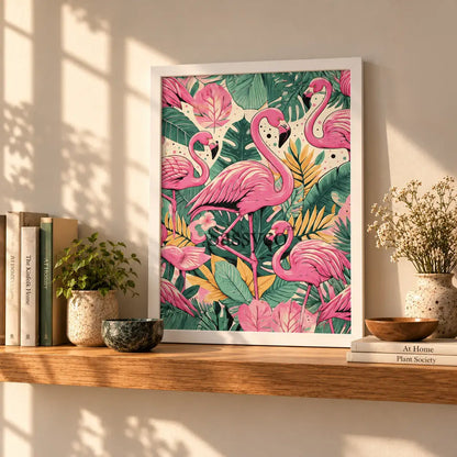Modern pink flamingo, tropical animal wall art painting canvas print, framed print for kids bedroom, living room, home decor.