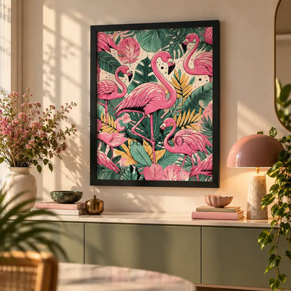 Modern pink flamingo, tropical animal wall art painting canvas print, framed print for kids bedroom, living room, home decor.