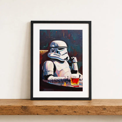 Funny Star Wars Stormtrooper with beer mug wall art painting canvas print poster, framed prints for Bedroom, living room, bar, game room wall decor. Acrylic canvas wall art painting poster print of Storm trooper drinking a glass of beer. Starwars wall art poster for bar, nerdy office, star wars themed cafe, restaurant decor.  Star-wars gift for men.