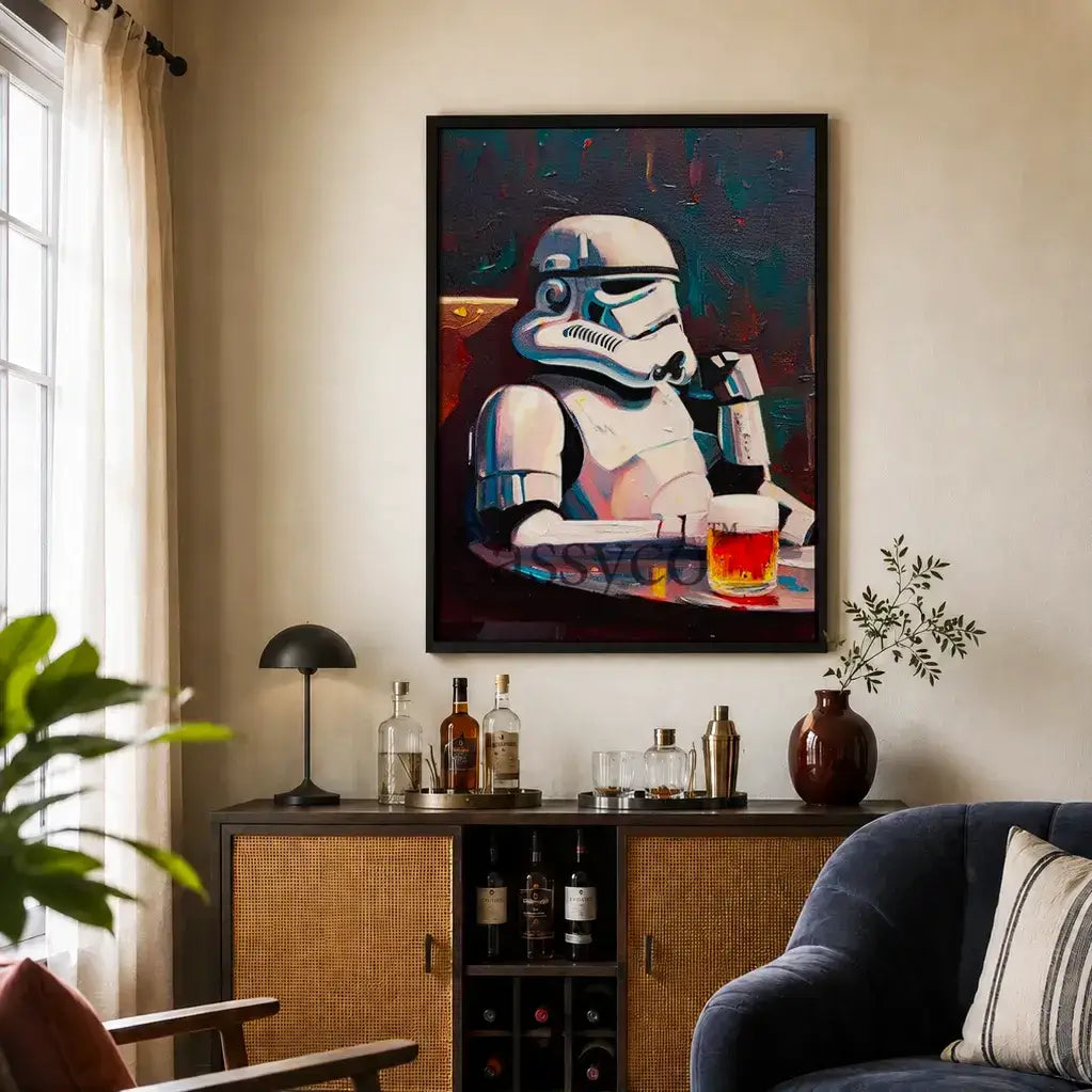 Funny Star Wars Stormtrooper with beer mug wall art painting canvas print poster, framed prints for Bedroom, living room, bar, game room wall decor. Acrylic canvas wall art painting poster print of Storm trooper drinking a glass of beer. Starwars wall art poster for bar, nerdy office, star wars themed cafe, restaurant decor.  Star-wars gift for men.