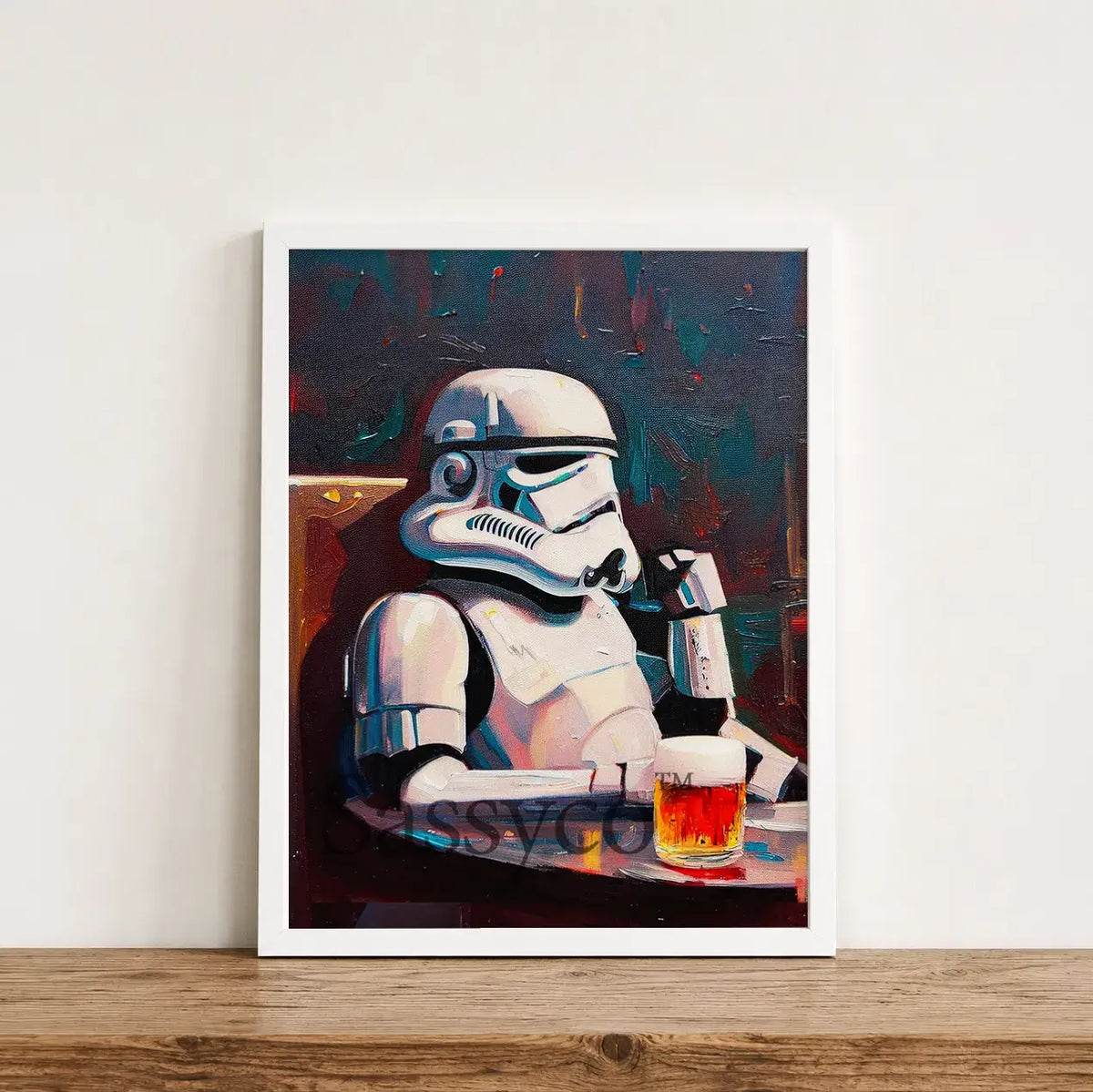 Funny Star Wars Stormtrooper with beer mug wall art painting canvas print poster, framed prints for Bedroom, living room, bar, game room wall decor. Acrylic canvas wall art painting poster print of Storm trooper drinking a glass of beer. Starwars wall art poster for bar, nerdy office, star wars themed cafe, restaurant decor.  Star-wars gift for men.