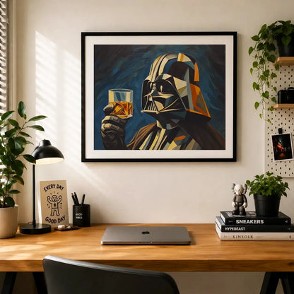 Funny Star Wars Darth Vader with whiskey drink glass wall art print poster painting as canvas print, framed prints for Bedroom, home room, game room wall decor. Anakin Skywalker wall art poster print for nerdy star wars fans. Framed canvas Starwars art. Star-wars gift.