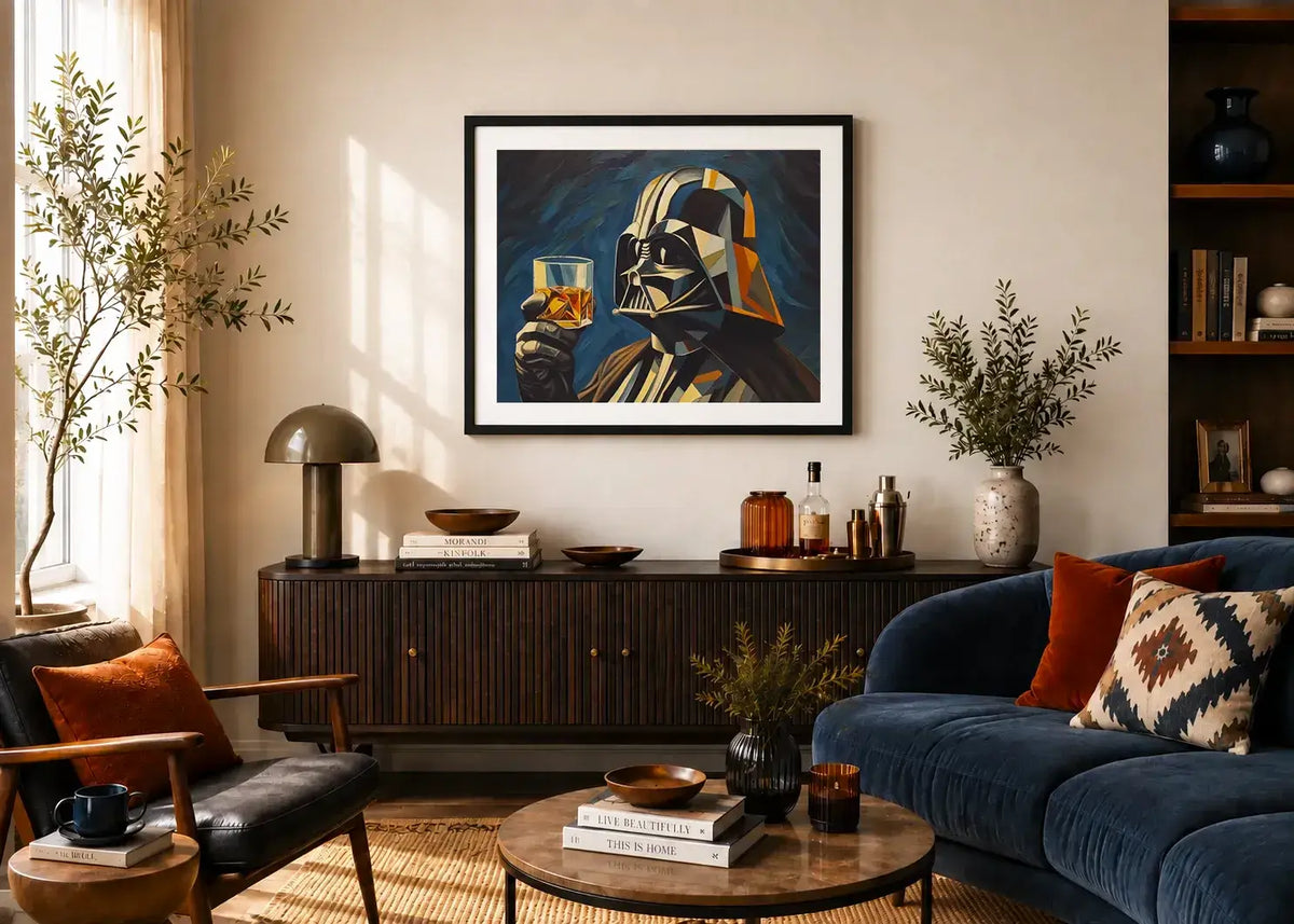 Funny Star Wars Darth Vader with whiskey drink glass wall art print poster painting as canvas print, framed prints for Bedroom, home room, game room wall decor. Anakin Skywalker wall art poster print for nerdy star wars fans. Framed canvas Starwars art. Star-wars gift.