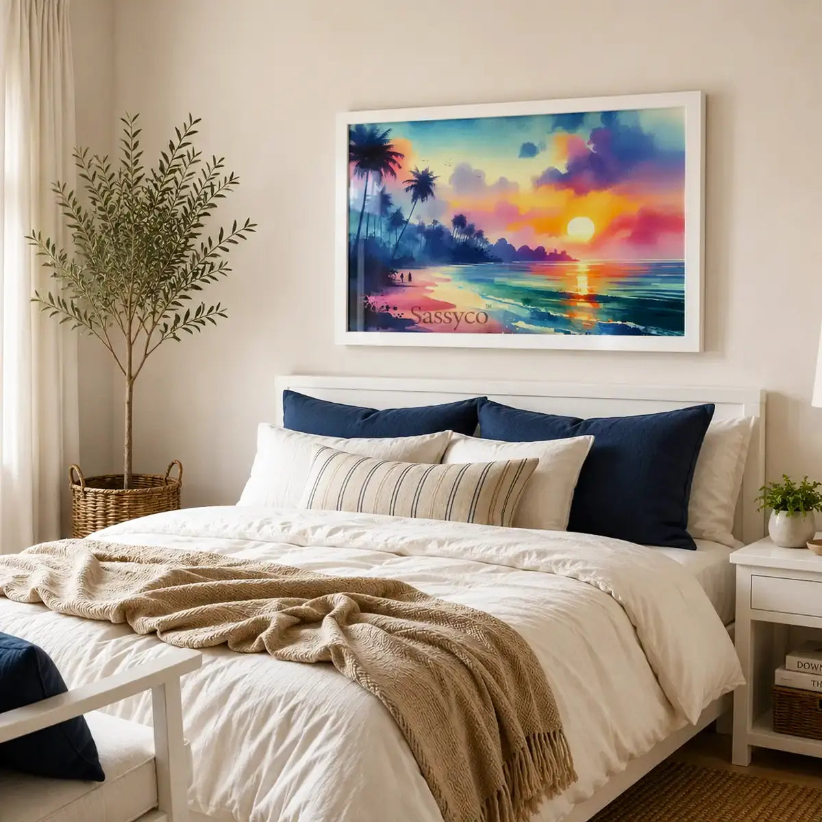 Goa India sunset beach landscape with silhouetted palm trees, a glowing orange sun and gentle waves washing over golden sand watercolor painting, styled in a bedroom on wall behind bed - beach canvas wall art, coastal sunset wall art, Goa travel poster artwork print for living room, bedroom and home office wall decor