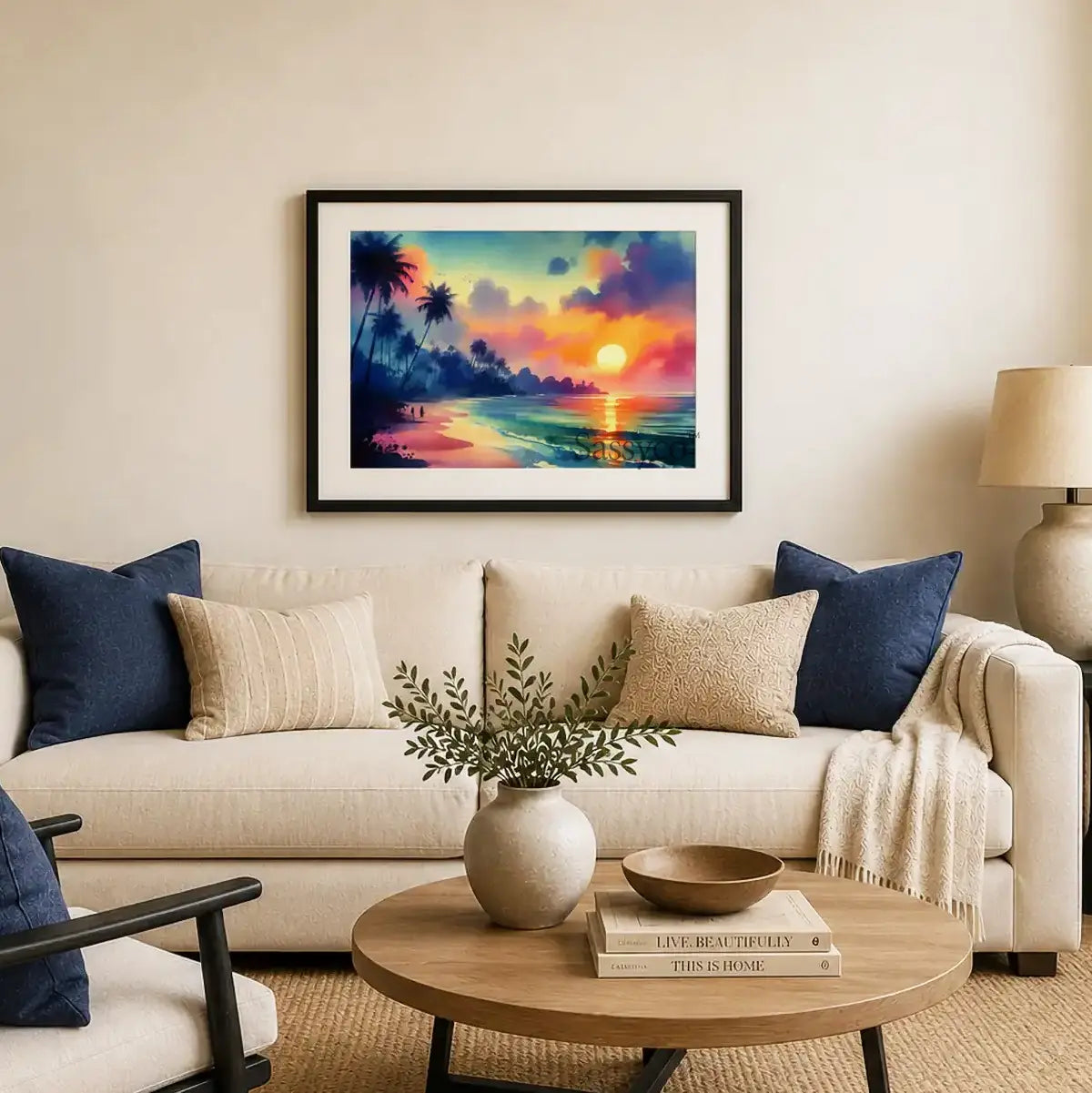 Goa India sunset beach landscape with silhouetted palm trees, a glowing orange sun and gentle ocean waves washing over golden sand watercolor painting, styled in a living room - beach canvas wall art, coastal sunset wall art, Goa travel poster artwork print for living room, bedroom and home office wall decor