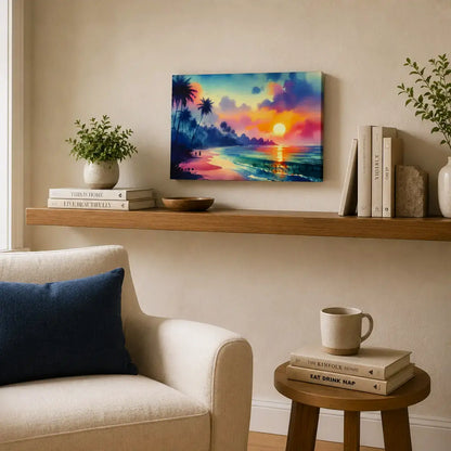 Goa India sunset beach landscape with silhouetted palm trees, a glowing orange sun and gentle waves washing over golden sand watercolor painting, styled in a living room and on a shelf in a sitting room, aesthetic coastal chill vibe - beach canvas wall art, coastal sunset wall art, Goa travel poster artwork print for living room, bedroom and home office wall decor