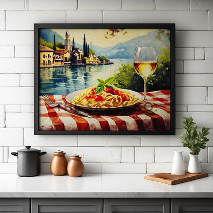 Italy style inspired, Lake Como, Spaghetti, Wine travel wall art painting canvas print, framed wall artwork print for Kitchen wall, Dining room and modern Indian home wall decor.