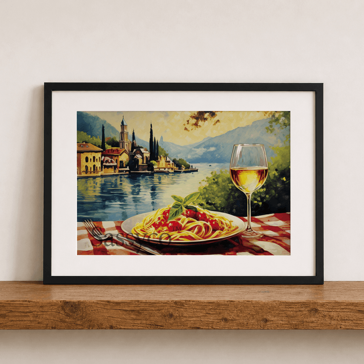Italy style inspired, Lake Como, Spaghetti, Wine travel canvas wall art painting canvas print, framed wall artwork print for Kitchen wall, Dining room and modern Indian home wall decor.