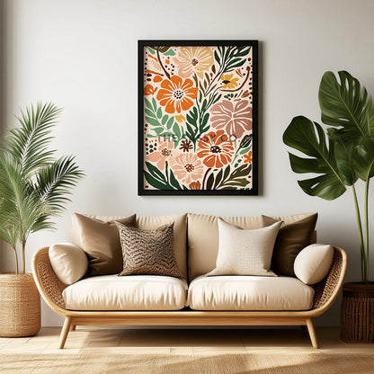 Boho style modern abstract colorful floral flowers wall art painting canvas gallery wrap and black framed artwork art print for drawing room, living room and modern Indian home boho wall art decor.