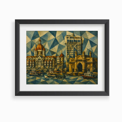 Mumbai India Gateway of India and Taj Mahal Palace Hotel reimagined in fractured blue and gold triangles modern geometric cubist abstract painting, framed in a sleek black frame - Mumbai cityscape canvas wall art, geometric abstract wall art, India cubist poster artwork print for living room, bedroom and home office wall decor