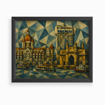 Mumbai India Gateway of India and Taj Mahal Palace Hotel reimagined in fractured blue and gold triangles modern geometric cubist abstract painting, framed in a sleek black frame - Mumbai cityscape canvas wall art, geometric abstract wall art, India cubist poster artwork print for living room, bedroom and home office wall decor