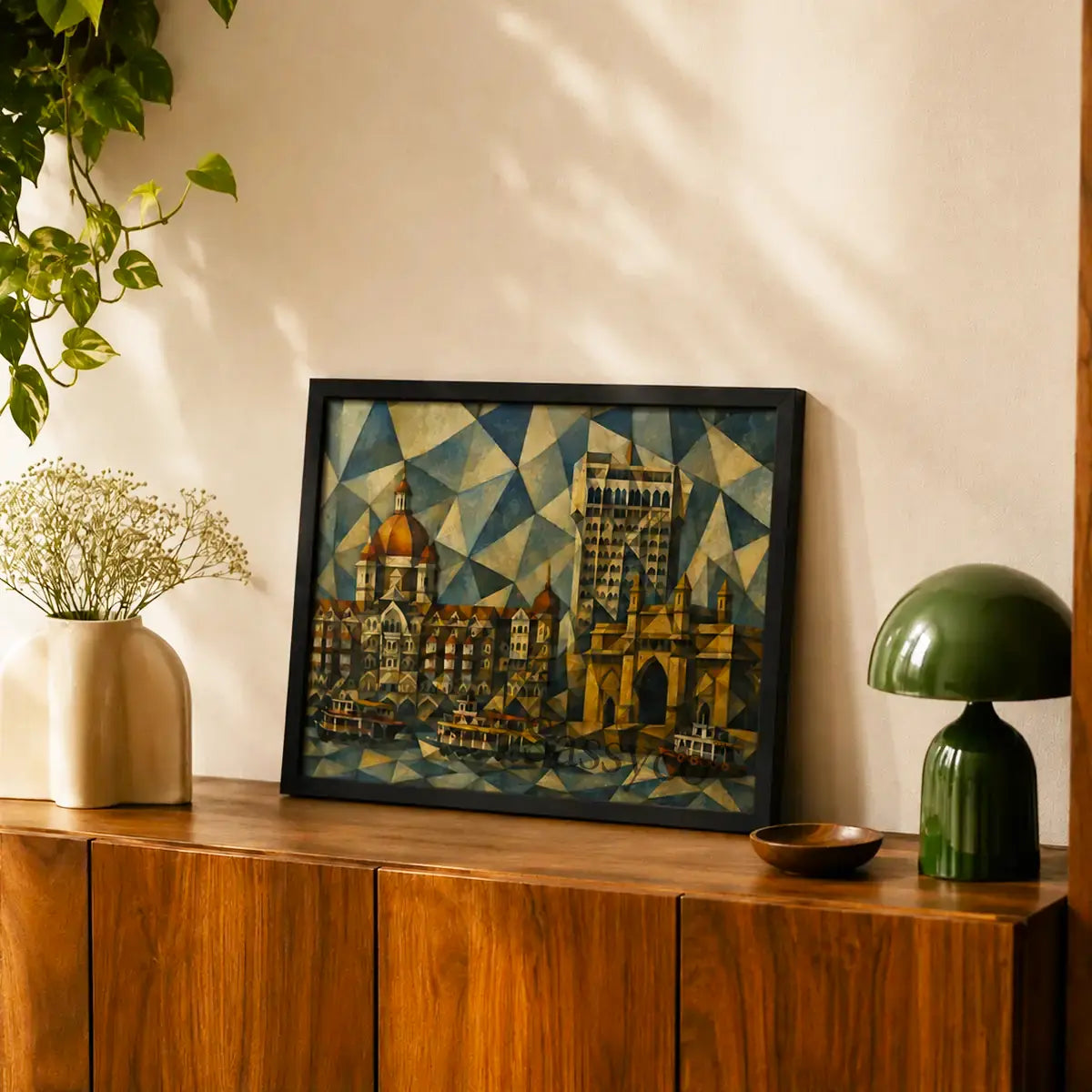 Mumbai India Gateway of India and Taj Mahal Palace Hotel reimagined in fractured blue and gold triangles modern geometric cubist abstract painting, styled in a living room - Mumbai cityscape canvas wall art, geometric abstract wall art, India cubist poster artwork print for living room, bedroom and home office wall decor