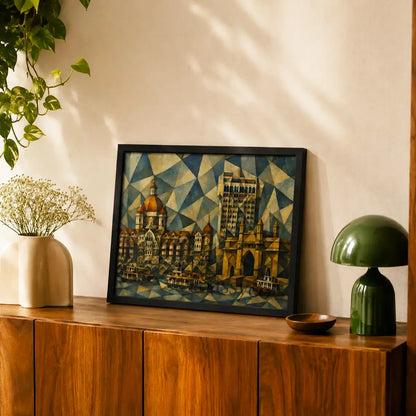 Mumbai India Gateway of India and Taj Mahal Palace Hotel reimagined in fractured blue and gold triangles modern geometric cubist abstract painting, styled in a living room - Mumbai cityscape canvas wall art, geometric abstract wall art, India cubist poster artwork print for living room, bedroom and home office wall decor