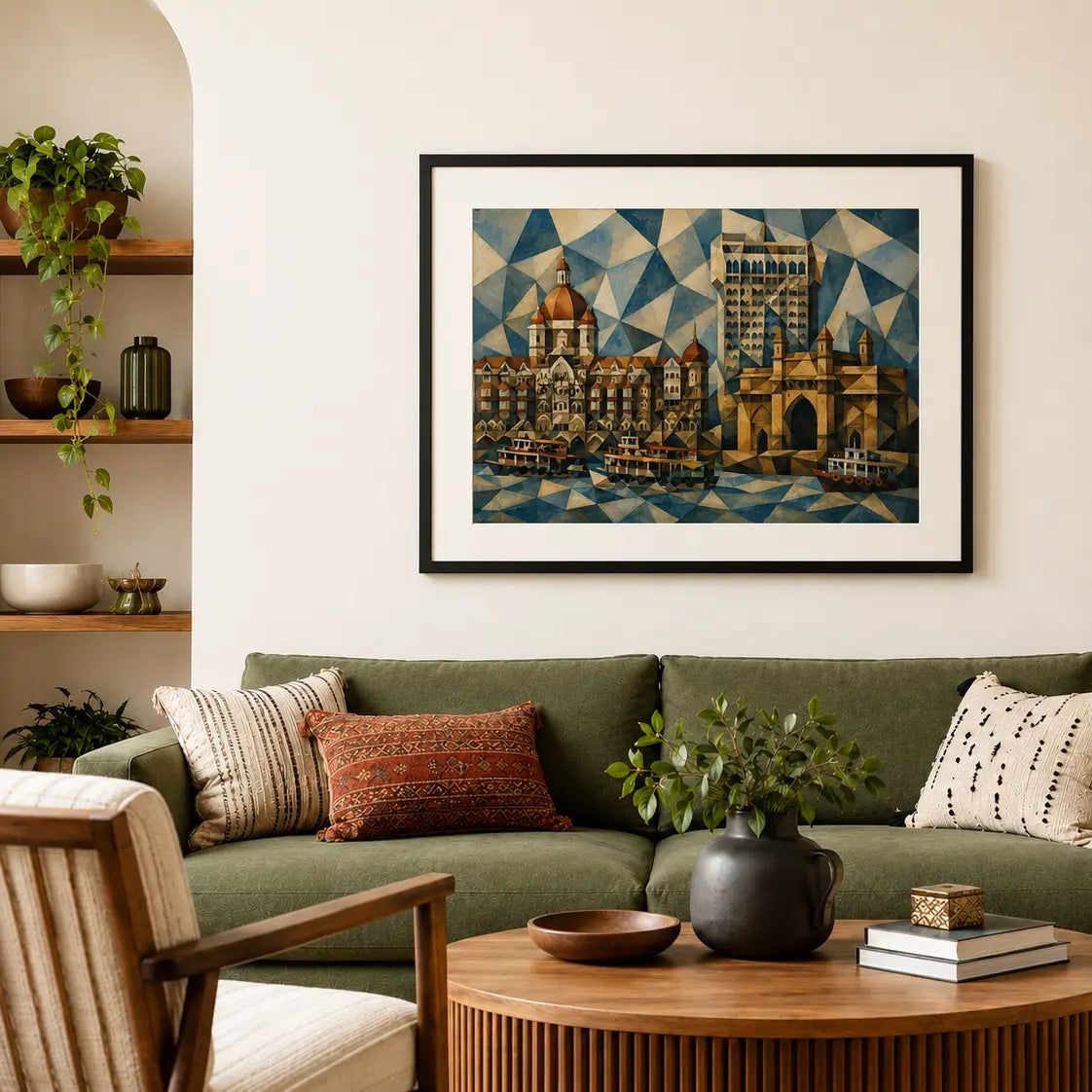 Picasso style Mumbai India Gateway of India and Taj Mahal Palace Hotel reimagined in fractured blue and gold triangles modern geometric cubist abstract painting, styled in living room - Mumbai cityscape canvas wall art, geometric abstract wall art, India cubist poster artwork print for living room, bedroom and home office wall decor