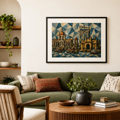 Picasso style Mumbai India Gateway of India and Taj Mahal Palace Hotel reimagined in fractured blue and gold triangles modern geometric cubist abstract painting, styled in living room - Mumbai cityscape canvas wall art, geometric abstract wall art, India cubist poster artwork print for living room, bedroom and home office wall decor