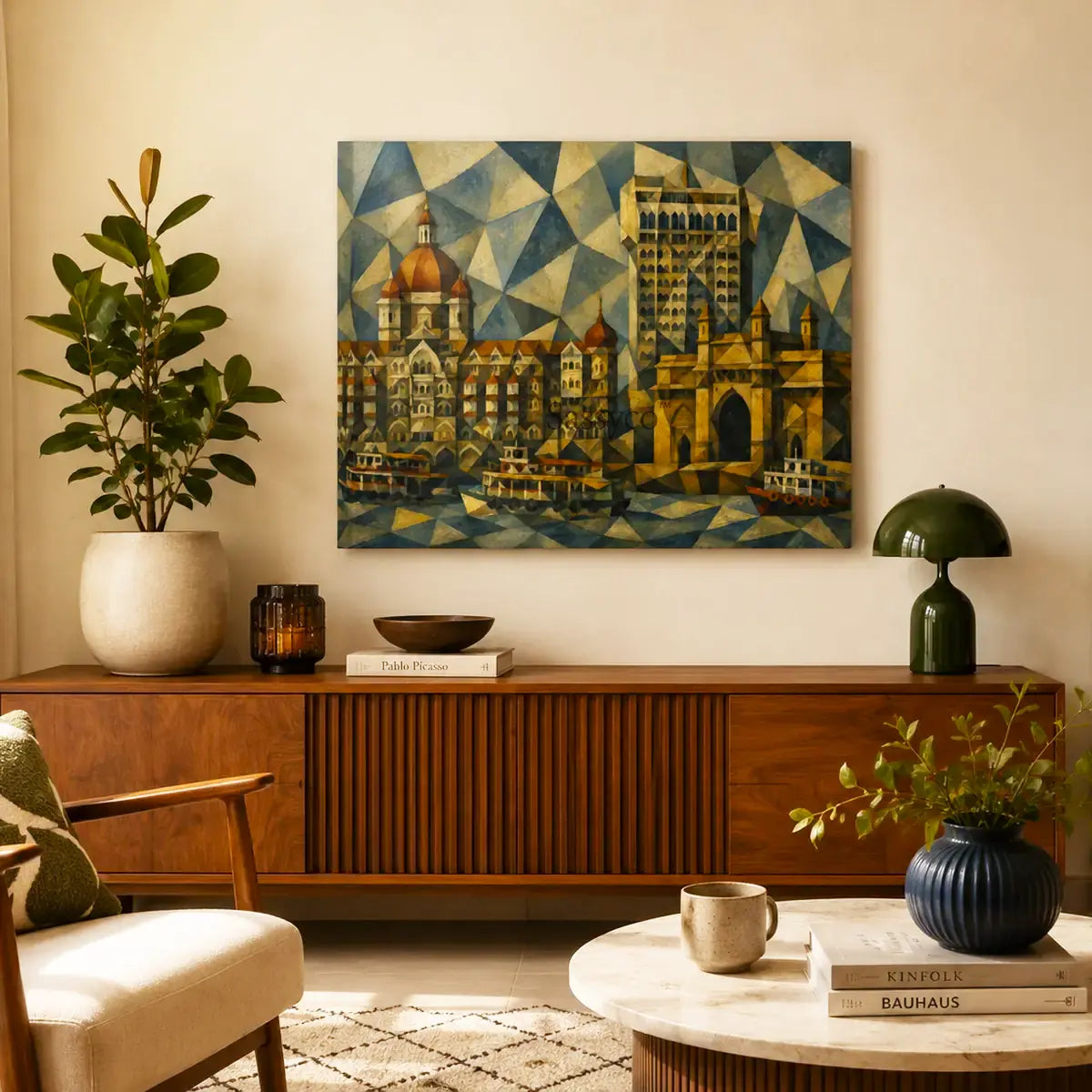 Mumbai India Gateway of India and Taj Mahal Palace Hotel reimagined in fractured blue and gold triangles modern geometric cubist abstract painting, shown as a canvas gallery wrap print hanging over a console table in a modern eclectic living room- Mumbai cityscape canvas wall art, geometric abstract wall art, India cubist poster artwork print for living room, bedroom and home office wall decor