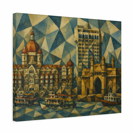 Mumbai India Gateway of India and Taj Mahal Palace Hotel reimagined in fractured blue and gold triangles modern geometric cubist abstract painting, shown as a canvas gallery wrap print - Mumbai cityscape canvas wall art, geometric abstract wall art, India cubist poster artwork print for living room, bedroom and home office wall decor