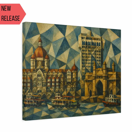 Mumbai India Gateway of India and Taj Mahal Palace Hotel reimagined in fractured blue and gold triangles modern geometric cubist abstract painting, shown as a canvas gallery wrap print - Mumbai cityscape canvas wall art, geometric abstract wall art, India cubist poster artwork print for living room, bedroom and home office wall decor. New Release