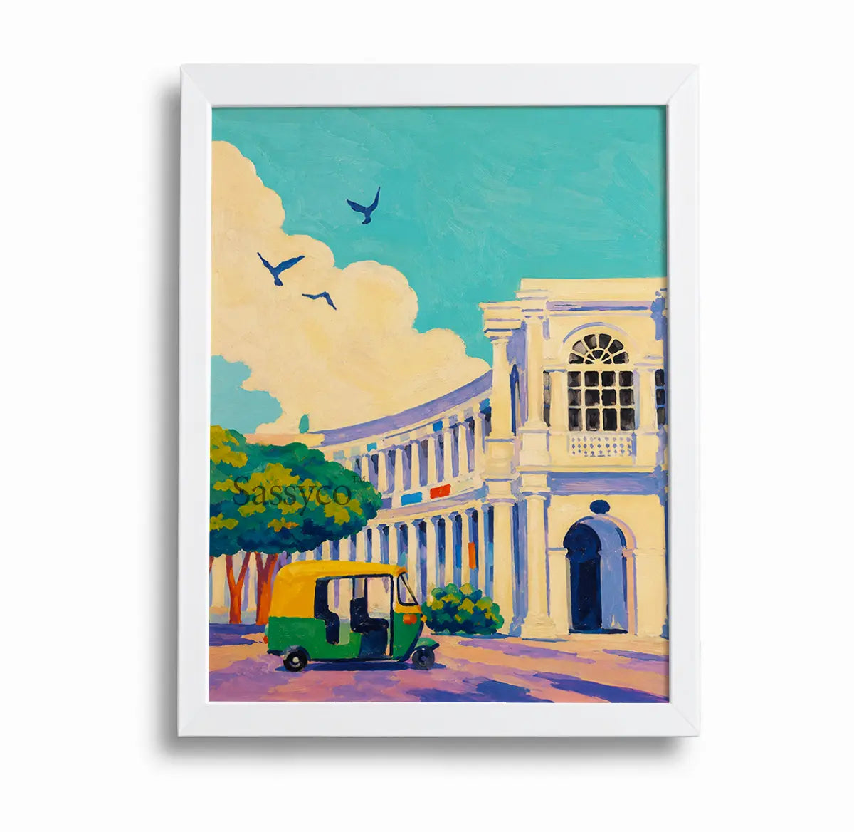 New Delhi Connaught Place India cityscape with colonial colonnades, a classic auto-rickshaw and birds soaring above aqua skies impressionist painting, framed in a clean white frame - India travel wall art, Indian heritage canvas wall art, Delhi cityscape poster artwork print for living room, bedroom and home office wall decor