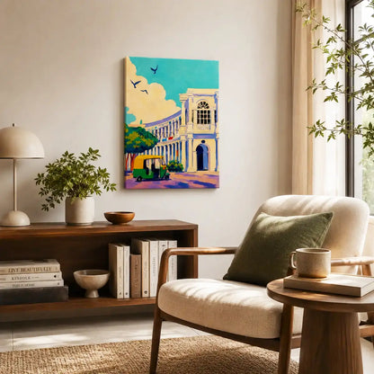 New Delhi Connaught Place India cityscape with colonial colonnades, a classic auto-rickshaw and birds soaring above aqua skies impressionist painting, shown as a canvas gallery wrap print hanging in an eclectic living room - India travel wall art, Indian heritage canvas wall art, Delhi cityscape poster artwork print for living room, bedroom and home office wall decor