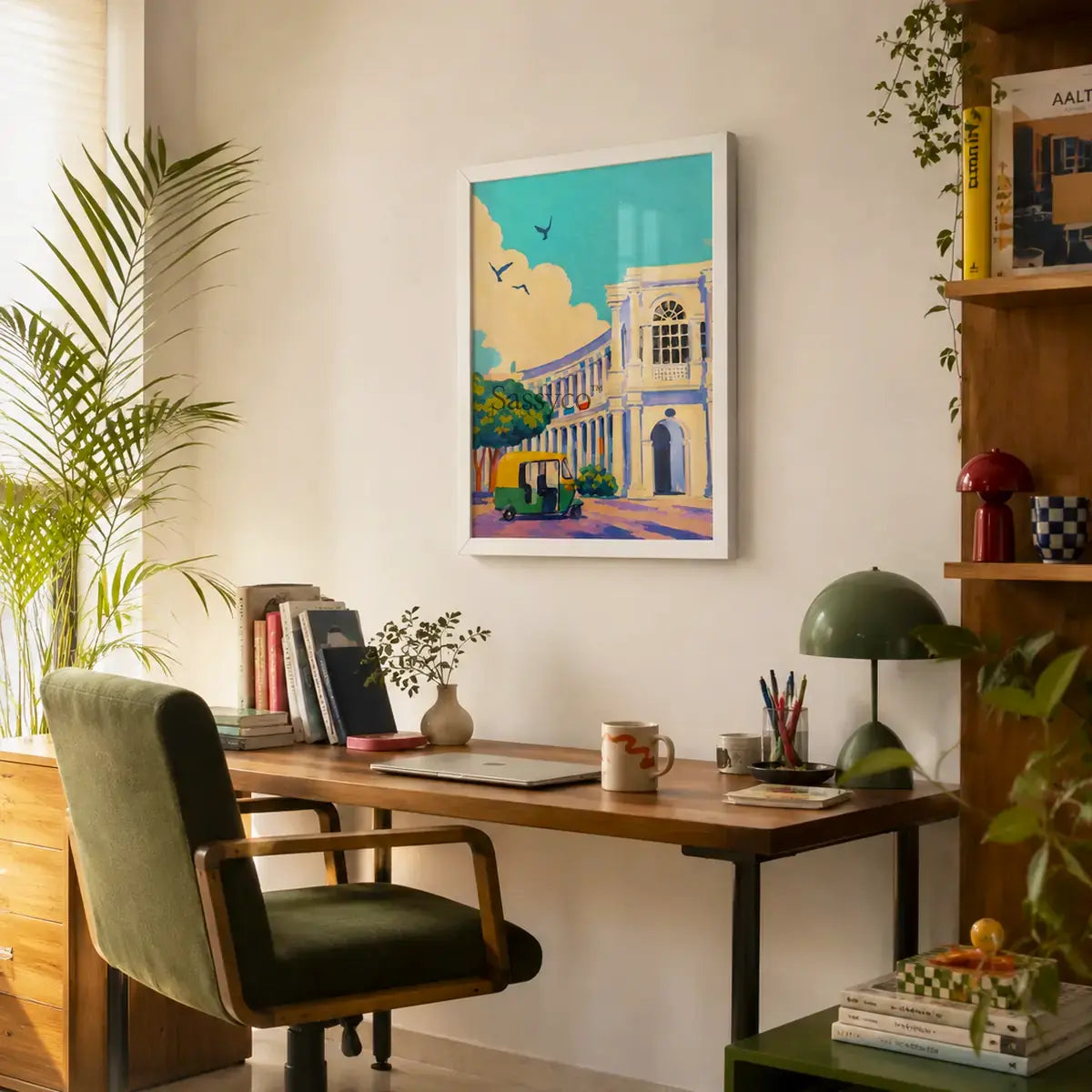 New Delhi Connaught Place India cityscape with colonial colonnades, a classic auto-rickshaw and birds soaring above aqua skies impressionist painting, styled in a home office - India travel wall art, Indian heritage canvas wall art, Delhi cityscape poster artwork print for living room, bedroom and home office wall decor
