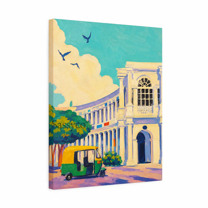 New Delhi Connaught Place India cityscape with colonial colonnades, a classic auto-rickshaw and birds soaring above aqua skies impressionist painting, shown as a canvas gallery wrap print - India travel wall art, Indian heritage canvas wall art, Delhi cityscape poster artwork print for living room, bedroom and home office wall decor