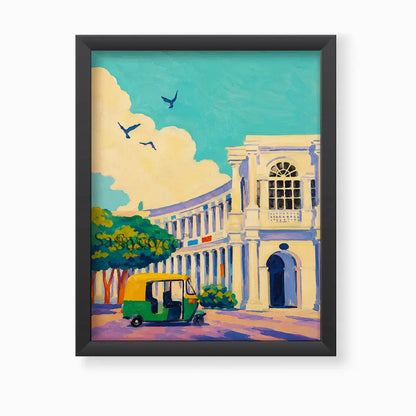 New Delhi Connaught Place India cityscape with colonial colonnades, a classic auto-rickshaw and birds soaring above teal skies impressionist painting, framed in a sleek black frame, styled in a living room - India travel wall art, Indian heritage canvas wall art, Delhi cityscape poster artwork print for living room, bedroom and home office wall decor