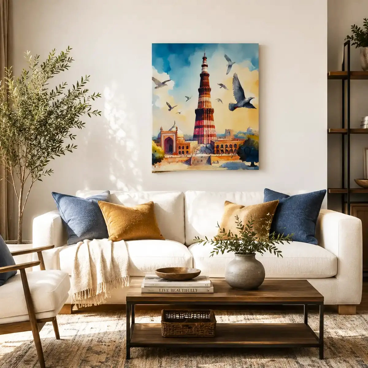 Qutub Minar Delhi India heritage monument with red sandstone minaret, mosque ruins and pigeons in flight against a golden sky watercolor painting, styled in a living room - India travel wall art, Indian heritage canvas wall art, Delhi monument poster artwork print for living room, and home office wall decor