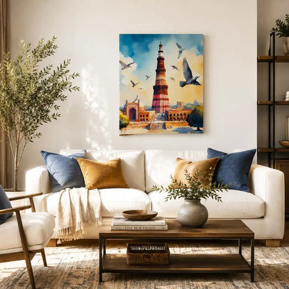 Qutub Minar Delhi India heritage monument with red sandstone minaret, mosque ruins and pigeons in flight against a golden sky watercolor painting, styled in a living room - India travel wall art, Indian heritage canvas wall art, Delhi monument poster artwork print for living room, and home office wall decor