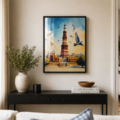 Qutub Minar Delhi India heritage monument with red sandstone minaret, mosque ruins and pigeons in flight against a golden sky watercolor painting, framed in a sleek black frame, styled in a living room - India travel wall art, Indian heritage canvas wall art, Delhi monument poster artwork print for living room, and home office wall decor