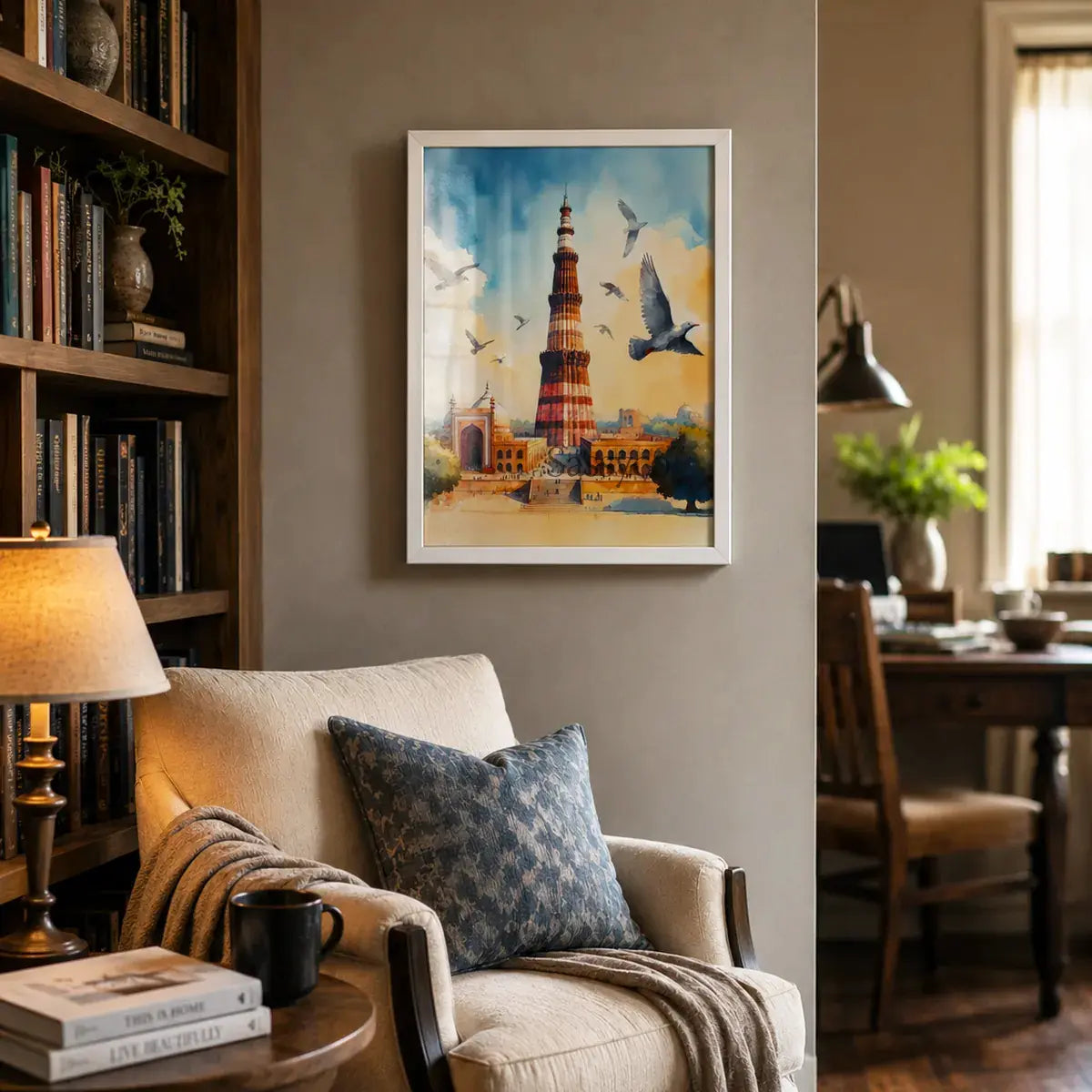 Qutub Minar Delhi India heritage monument with red sandstone minaret, mosque ruins and pigeons in flight against a golden sky watercolor painting, styled in a home office - India travel wall art, Indian heritage canvas wall art, Delhi monument poster artwork print for living room, and home office wall decor